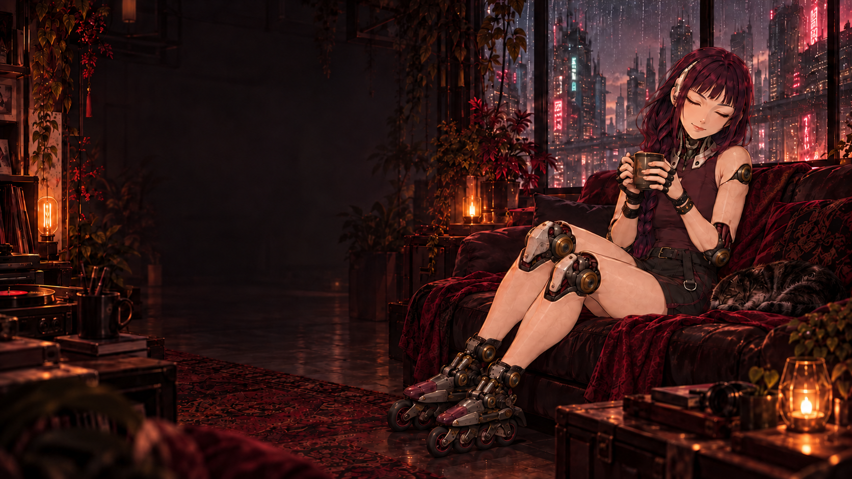 Mira with a cup on the sofa, Pixel curled up beside her, and a rainy city outside.